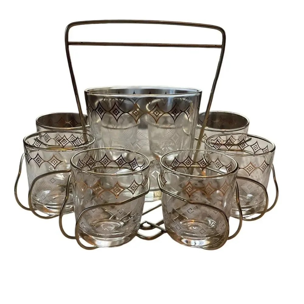 Jeannette Glass Atomic 10 Piece MCM Vintage Bar Set Glasses Ice Bucket Carrier